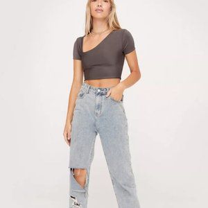 NastyGal Recycled Slinky Cut Out Aysmmetric Crop Top Size M Chocolate NWT